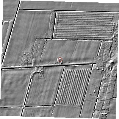 Shaded relief map of the ground around PE120XA, computed from Environment Agency LiDAR. The ground here sits at about 4 m above sea level and falls 4 m across the surrounding 800 m. Surface water reaching this point runs off ground lying to the south-south-east, 1.0 m higher.