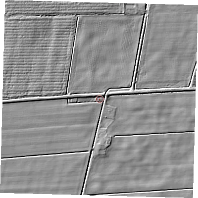 Shaded relief map of the ground around PE120XB, computed from Environment Agency LiDAR. The ground here sits at about 2 m above sea level and falls 3 m across the surrounding 800 m. Surface water reaching this point runs off ground lying to the north-north-east, 3.1 m higher.