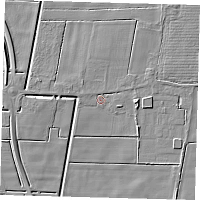 Shaded relief map of the ground around PE120XD, computed from Environment Agency LiDAR. The ground here sits at about 3 m above sea level and falls 6 m across the surrounding 800 m. Surface water reaching this point runs off ground lying to the east-north-east, 1.4 m higher.