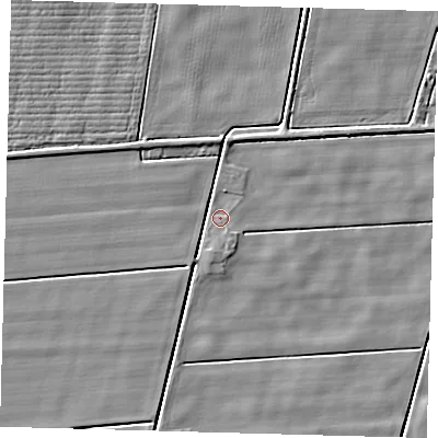 Shaded relief map of the ground around PE120XE, computed from Environment Agency LiDAR. The ground here sits at about 2 m above sea level and falls 3 m across the surrounding 800 m. Surface water reaching this point runs off ground lying to the south, 2.4 m higher.