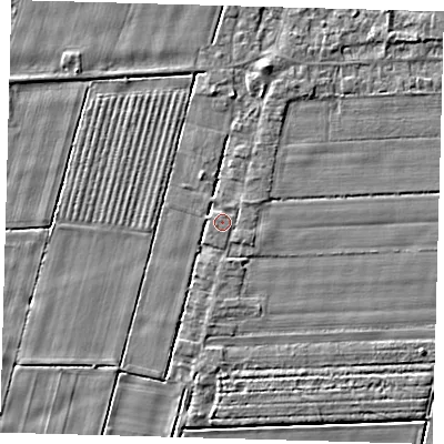 Shaded relief map of the ground around PE120XF, computed from Environment Agency LiDAR. The ground here sits at about 3 m above sea level and falls 3 m across the surrounding 800 m. The ground contributing surface water to this point lies to the south-west.