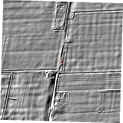Shaded relief map of the ground around PE120XJ, computed from Environment Agency LiDAR. The ground here sits at about 3 m above sea level and falls 3 m across the surrounding 800 m. Surface water reaching this point runs off ground lying to the south, 0.9 m higher.