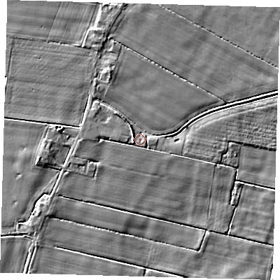 Shaded relief map of the ground around PE120XP, computed from Environment Agency LiDAR. The ground here sits at about 3 m above sea level and falls 4 m across the surrounding 800 m. Surface water reaching this point runs off ground lying to the west, 2.0 m higher.