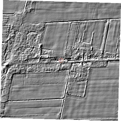 Shaded relief map of the ground around PE120XQ, computed from Environment Agency LiDAR. The ground here sits at about 2 m above sea level and falls 4 m across the surrounding 800 m. Surface water reaching this point runs off ground lying to the south-east, 1.9 m higher.