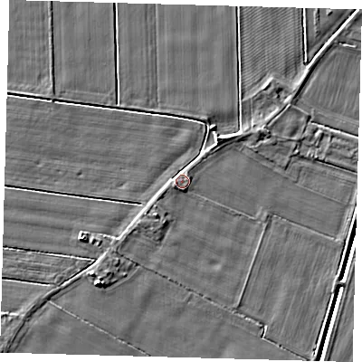 Shaded relief map of the ground around PE120XR, computed from Environment Agency LiDAR. The ground here sits at about 4 m above sea level and falls 6 m across the surrounding 800 m. Surface water reaching this point runs off ground lying to the east, 1.9 m higher.