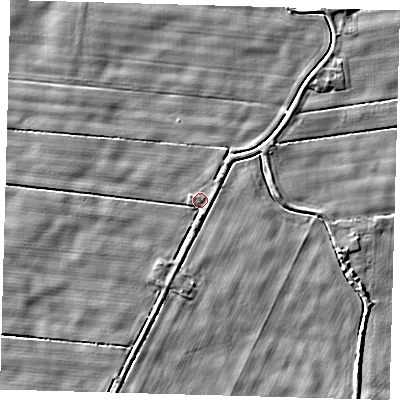 Shaded relief map of the ground around PE120XT, computed from Environment Agency LiDAR. The ground here sits at about 2 m above sea level and falls 4 m across the surrounding 800 m. Surface water reaching this point runs off ground lying to the south, 1.9 m higher.