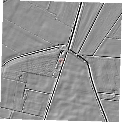 Shaded relief map of the ground around PE120XX, computed from Environment Agency LiDAR. The ground here sits at about 2 m above sea level and falls 4 m across the surrounding 800 m. Surface water reaching this point runs off ground lying to the north, 2.3 m higher.