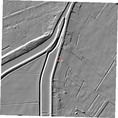 Shaded relief map of the ground around PE126AA, computed from Environment Agency LiDAR. The ground here sits at about 3 m above sea level and falls 6 m across the surrounding 800 m. Surface water reaching this point runs off ground lying to the south-south-west, 3.2 m higher.