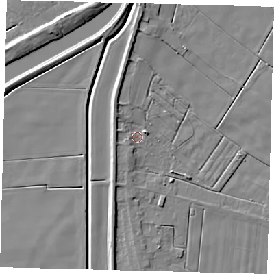 Shaded relief map of the ground around PE126AB, computed from Environment Agency LiDAR. The ground here sits at about 3 m above sea level and falls 6 m across the surrounding 800 m. Surface water reaching this point runs off ground lying to the west, 3.3 m higher.