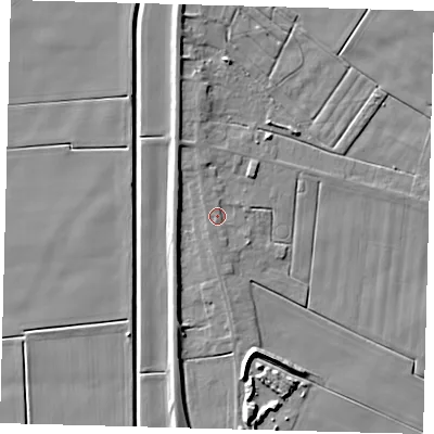Shaded relief map of the ground around PE126AD, computed from Environment Agency LiDAR. The ground here sits at about 4 m above sea level and falls 7 m across the surrounding 800 m. Surface water reaching this point runs off ground lying to the south-south-west, 1.4 m higher.