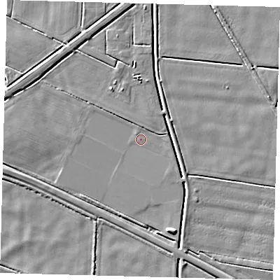 Shaded relief map of the ground around PE126AF, computed from Environment Agency LiDAR. The ground here sits at about 2 m above sea level and falls 4 m across the surrounding 800 m. Surface water reaching this point runs off ground lying to the south-east, 2.7 m higher.