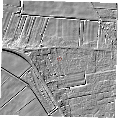 Shaded relief map of the ground around PE126AJ, computed from Environment Agency LiDAR. The ground here sits at about 2 m above sea level and falls 6 m across the surrounding 800 m. Surface water reaching this point runs off ground lying to the west-south-west, 4.9 m higher.
