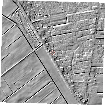 Shaded relief map of the ground around PE126AL, computed from Environment Agency LiDAR. The ground here sits at about 4 m above sea level and falls 6 m across the surrounding 800 m. Surface water reaching this point runs off ground lying to the south-south-west, 2.9 m higher.