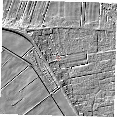 Shaded relief map of the ground around PE126AN, computed from Environment Agency LiDAR. The ground here sits at about 2 m above sea level and falls 6 m across the surrounding 800 m. Surface water reaching this point runs off ground lying to the south-south-west, 4.6 m higher.