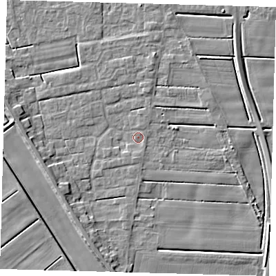 Shaded relief map of the ground around PE126AP, computed from Environment Agency LiDAR. The ground here sits at about 3 m above sea level and falls 6 m across the surrounding 800 m. Surface water reaching this point runs off ground lying to the south, 1.5 m higher.