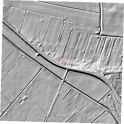 Shaded relief map of the ground around PE126AQ, computed from Environment Agency LiDAR. The ground here sits at about 5 m above sea level and falls 6 m across the surrounding 800 m. Surface water reaching this point runs off ground lying to the south-south-west, 2.9 m higher.
