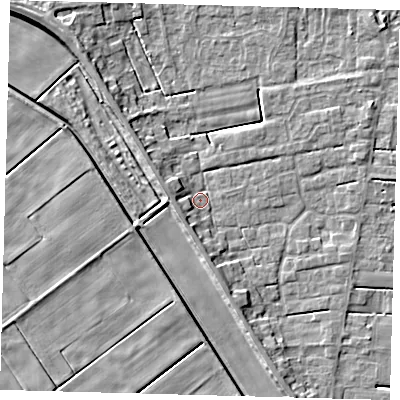 Shaded relief map of the ground around PE126AR, computed from Environment Agency LiDAR. The ground here sits at about 3 m above sea level and falls 6 m across the surrounding 800 m. Surface water reaching this point runs off ground lying to the south-west, 3.4 m higher.