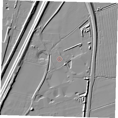 Shaded relief map of the ground around PE126AT, computed from Environment Agency LiDAR. The ground here sits at about 3 m above sea level and falls 10 m across the surrounding 800 m. Surface water reaching this point runs off ground lying to the south-east, 2.1 m higher.