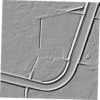 Shaded relief map of the ground around PE126AU, computed from Environment Agency LiDAR. The ground here sits at about 3 m above sea level and falls 6 m across the surrounding 800 m. Surface water reaching this point runs off ground lying to the south-south-west, 5.8 m higher.