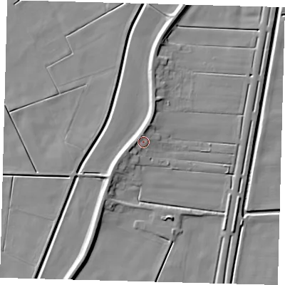 Shaded relief map of the ground around PE126AW, computed from Environment Agency LiDAR. The ground here sits at about 5 m above sea level and falls 7 m across the surrounding 800 m. Surface water reaching this point runs off ground lying to the north-west, 2.8 m higher.