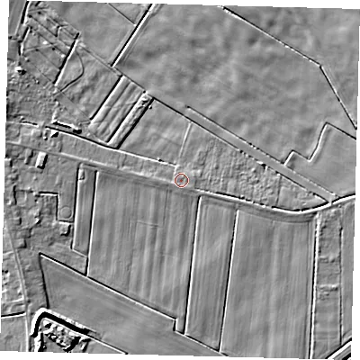 Shaded relief map of the ground around PE126AZ, computed from Environment Agency LiDAR. The ground here sits at about 2 m above sea level and falls 7 m across the surrounding 800 m. Surface water reaching this point runs off ground lying to the west, 0.8 m higher.