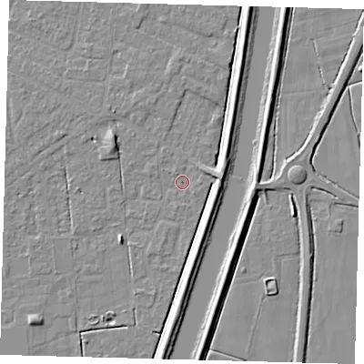 Shaded relief map of the ground around PE126BA, computed from Environment Agency LiDAR. The ground here sits at about 3 m above sea level and falls 5 m across the surrounding 800 m. Surface water reaching this point runs off ground lying to the north-west, 2.4 m higher.