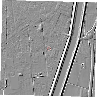Shaded relief map of the ground around PE126BB, computed from Environment Agency LiDAR. The ground here sits at about 3 m above sea level and falls 5 m across the surrounding 800 m. Surface water reaching this point runs off ground lying to the east-north-east, 3.4 m higher.