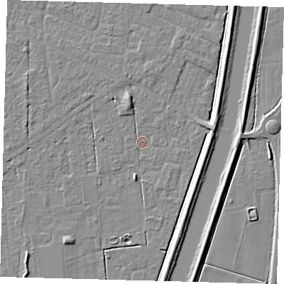 Shaded relief map of the ground around PE126BD, computed from Environment Agency LiDAR. The ground here sits at about 3 m above sea level and falls 5 m across the surrounding 800 m. Surface water reaching this point runs off ground lying to the north-north-west, 2.9 m higher.