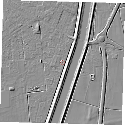 Shaded relief map of the ground around PE126BE, computed from Environment Agency LiDAR. The ground here sits at about 3 m above sea level and falls 5 m across the surrounding 800 m. Surface water reaching this point runs off ground lying to the west-south-west, 0.8 m higher.