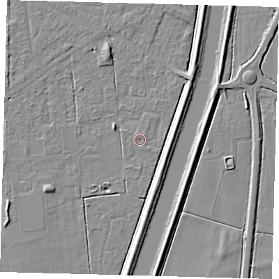 Shaded relief map of the ground around PE126BG, computed from Environment Agency LiDAR. The ground here sits at about 3 m above sea level and falls 5 m across the surrounding 800 m. The ground contributing surface water to this point lies to the east.
