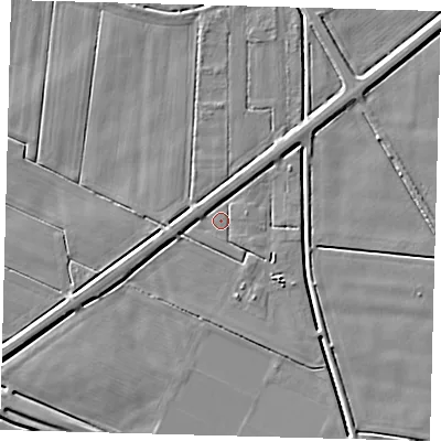 Shaded relief map of the ground around PE126BJ, computed from Environment Agency LiDAR. The ground here sits at about 2 m above sea level and falls 4 m across the surrounding 800 m. Surface water reaching this point runs off ground lying to the south-east, 2.9 m higher.