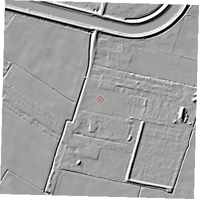 Shaded relief map of the ground around PE126BL, computed from Environment Agency LiDAR. The ground here sits at about 2 m above sea level and falls 7 m across the surrounding 800 m. Surface water reaching this point runs off ground lying to the east-south-east, 1.3 m higher.