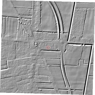 Shaded relief map of the ground around PE126BN, computed from Environment Agency LiDAR. The ground here sits at about 3 m above sea level and falls 6 m across the surrounding 800 m. Surface water reaching this point runs off ground lying to the west-north-west, 3.6 m higher.