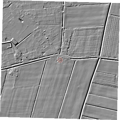 Shaded relief map of the ground around PE126BP, computed from Environment Agency LiDAR. The ground here sits at about 3 m above sea level and falls 5 m across the surrounding 800 m. Surface water reaching this point runs off ground lying to the north-east, 0.7 m higher.