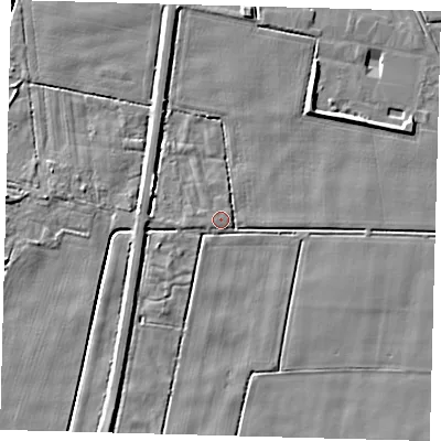Shaded relief map of the ground around PE126BQ, computed from Environment Agency LiDAR. The ground here sits at about 3 m above sea level and falls 5 m across the surrounding 800 m. Surface water reaching this point runs off ground lying to the north-north-east, 4.2 m higher.