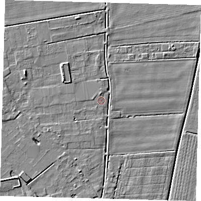 Shaded relief map of the ground around PE126BS, computed from Environment Agency LiDAR. The ground here sits at about 3 m above sea level and falls 6 m across the surrounding 800 m. Surface water reaching this point runs off ground lying to the north, 0.7 m higher.