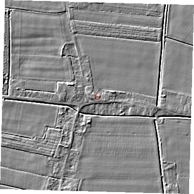 Shaded relief map of the ground around PE126BX, computed from Environment Agency LiDAR. The ground here sits at about 3 m above sea level and falls 4 m across the surrounding 800 m. Surface water reaching this point runs off ground lying to the east-north-east, 1.8 m higher.