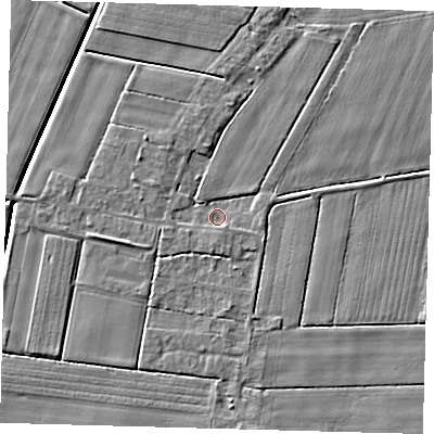 Shaded relief map of the ground around PE126DF, computed from Environment Agency LiDAR. The ground here sits at about 2 m above sea level and falls 4 m across the surrounding 800 m. Surface water reaching this point runs off ground lying to the west-south-west, 1.5 m higher.