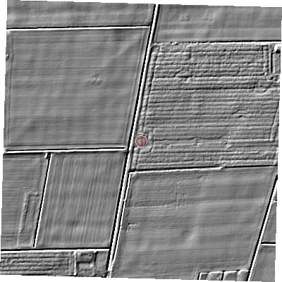 Shaded relief map of the ground around PE126DH, computed from Environment Agency LiDAR. The ground here sits at about 2 m above sea level and falls 4 m across the surrounding 800 m. Surface water reaching this point runs off ground lying to the east, 1.0 m higher.