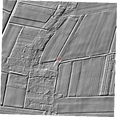 Shaded relief map of the ground around PE126DJ, computed from Environment Agency LiDAR. The ground here sits at about 3 m above sea level and falls 4 m across the surrounding 800 m. Surface water reaching this point runs off ground lying to the north, 2.0 m higher.