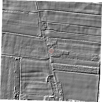 Shaded relief map of the ground around PE126DP, computed from Environment Agency LiDAR. The ground here sits at about 3 m above sea level and falls 3 m across the surrounding 800 m. Surface water reaching this point runs off ground lying to the north, 0.8 m higher.
