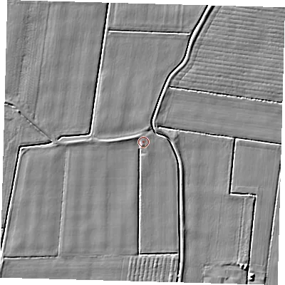 Shaded relief map of the ground around PE126DR, computed from Environment Agency LiDAR. The ground here sits at about 3 m above sea level and falls 4 m across the surrounding 800 m. Surface water reaching this point runs off ground lying to the west-north-west, 1.3 m higher.