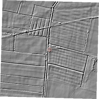 Shaded relief map of the ground around PE126DW, computed from Environment Agency LiDAR. The ground here sits at about 3 m above sea level and falls 3 m across the surrounding 800 m. Surface water reaching this point runs off ground lying to the south-south-west, 2.0 m higher.