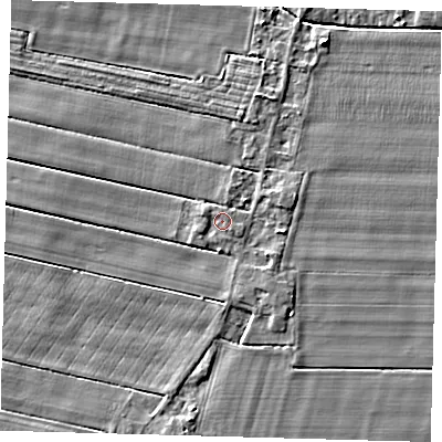 Shaded relief map of the ground around PE126DX, computed from Environment Agency LiDAR. The ground here sits at about 3 m above sea level and falls 4 m across the surrounding 800 m. Surface water reaching this point runs off ground lying to the west-north-west, 0.9 m higher.