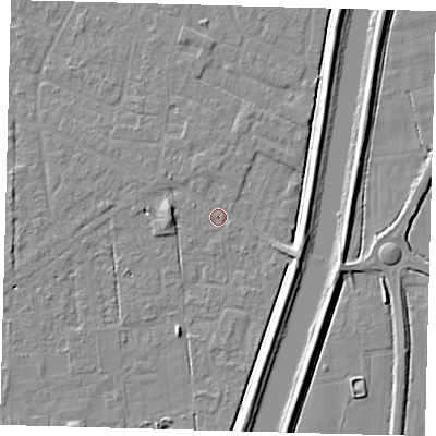 Shaded relief map of the ground around PE126ED, computed from Environment Agency LiDAR. The ground here sits at about 3 m above sea level and falls 5 m across the surrounding 800 m. Surface water reaching this point runs off ground lying to the west-north-west, 2.4 m higher.