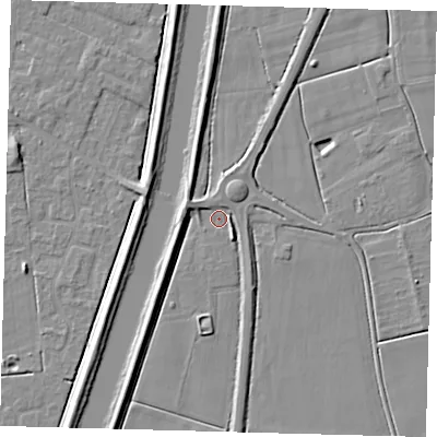Shaded relief map of the ground around PE126EF, computed from Environment Agency LiDAR. The ground here sits at about 3 m above sea level and falls 5 m across the surrounding 800 m. Surface water reaching this point runs off ground lying to the south-east, 2.2 m higher.