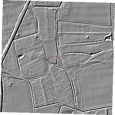 Shaded relief map of the ground around PE126EG, computed from Environment Agency LiDAR. The ground here sits at about 3 m above sea level and falls 4 m across the surrounding 800 m. Surface water reaching this point runs off ground lying to the north-west, 2.1 m higher.
