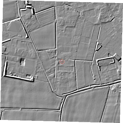 Shaded relief map of the ground around PE126EJ, computed from Environment Agency LiDAR. The ground here sits at about 3 m above sea level and falls 5 m across the surrounding 800 m. Surface water reaching this point runs off ground lying to the north-north-west, 4.0 m higher.