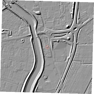 Shaded relief map of the ground around PE126EP, computed from Environment Agency LiDAR. The ground here sits at about 4 m above sea level and falls 8 m across the surrounding 800 m. Surface water reaching this point runs off ground lying to the east-north-east, 2.7 m higher.