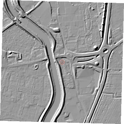 Shaded relief map of the ground around PE126ER, computed from Environment Agency LiDAR. The ground here sits at about 4 m above sea level and falls 9 m across the surrounding 800 m. Surface water reaching this point runs off ground lying to the south, 3.3 m higher.